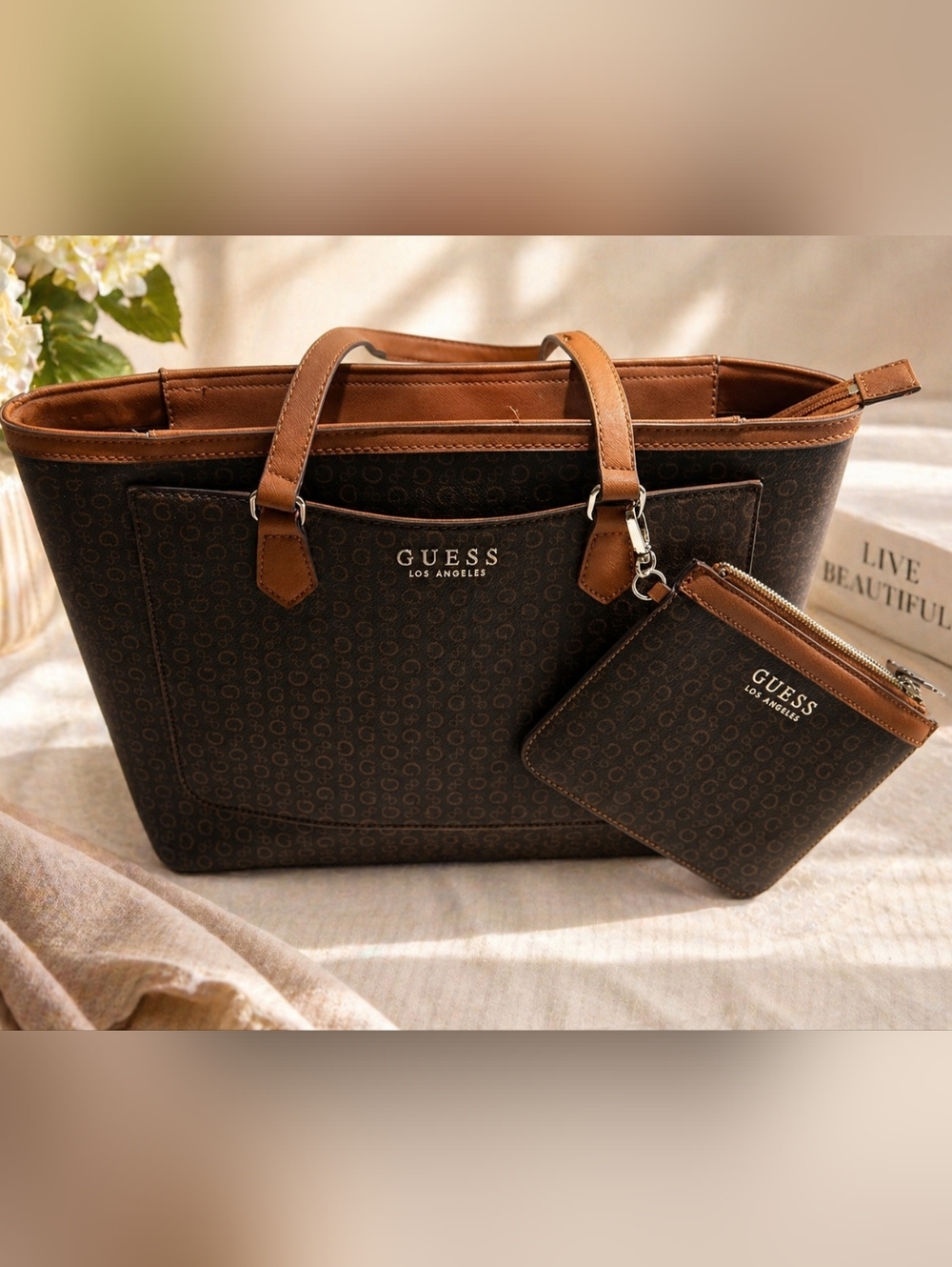 GUESS Brown Logo Tote with Tan Handles